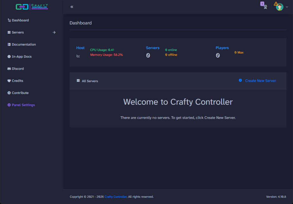 ログイン直後の、まだサーバーが無いCraftyのダッシュボード画面